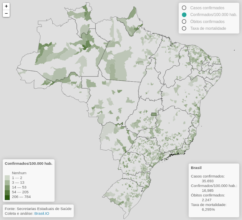 Mapa com dados da covid19 por município brasileiro